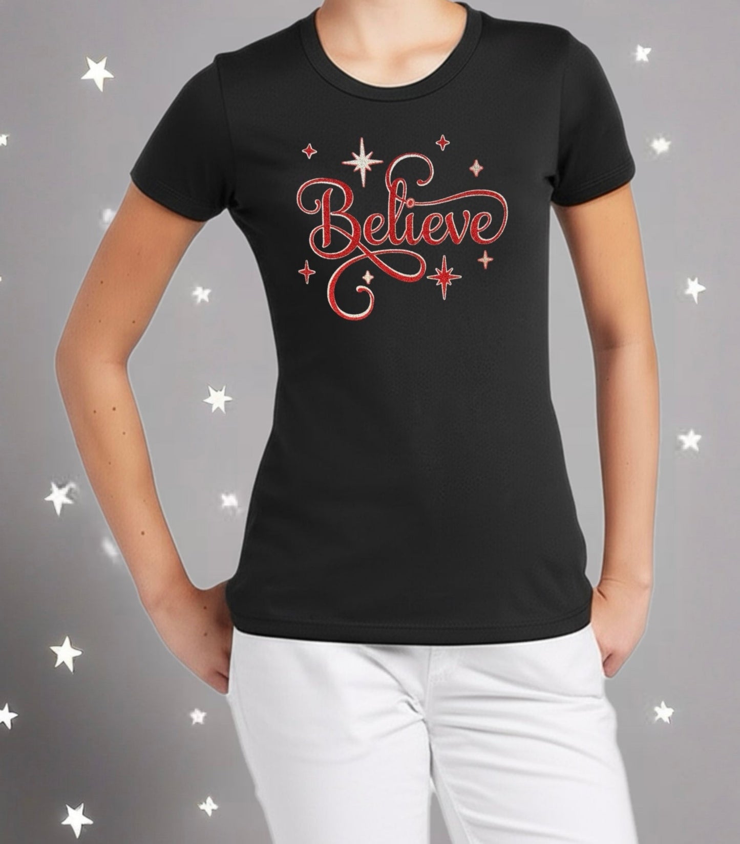 Inspirational Tee – Red & Silver Sparkle "Believe" Shirt