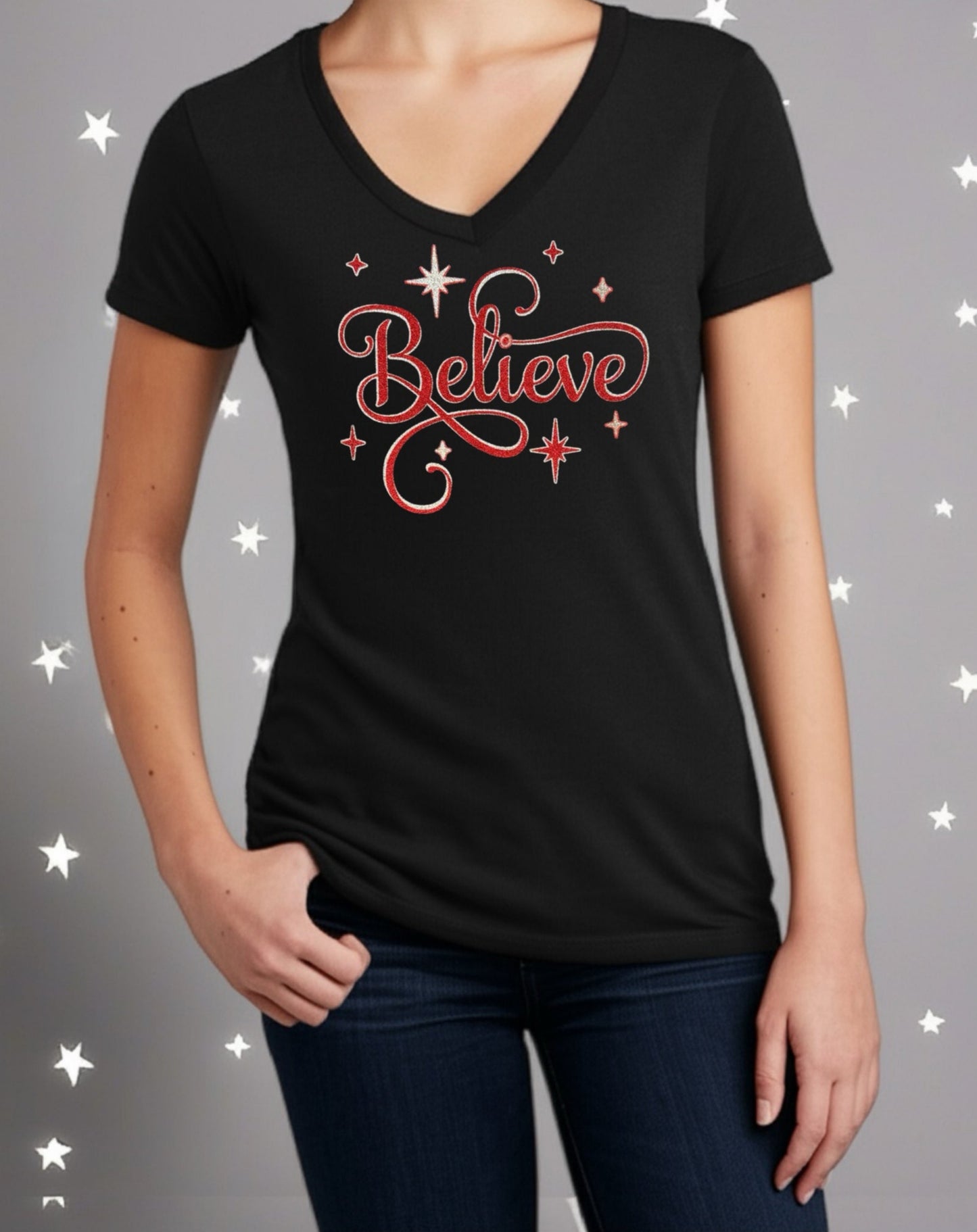 Inspirational Tee – Red & Silver Sparkle "Believe" Shirt