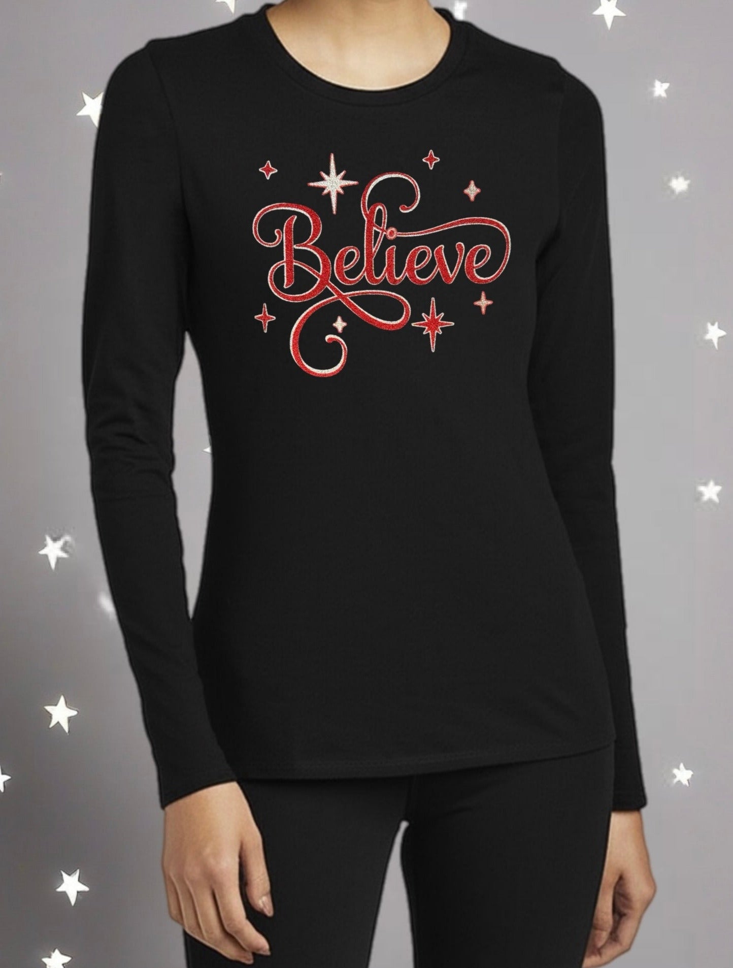 Inspirational Tee – Red & Silver Sparkle "Believe" Shirt