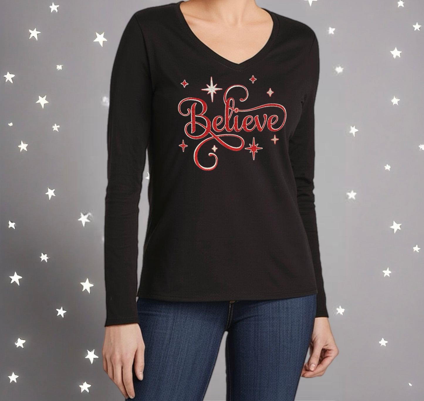 Inspirational Tee – Red & Silver Sparkle "Believe" Shirt