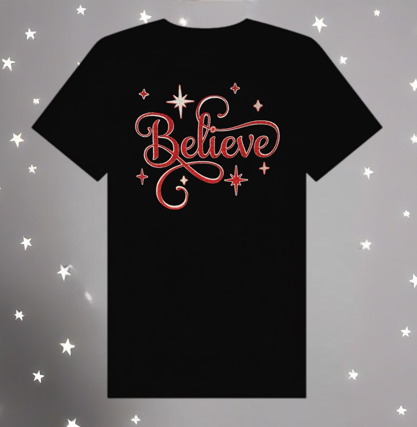 Inspirational Tee – Red & Silver Sparkle "Believe" Shirt