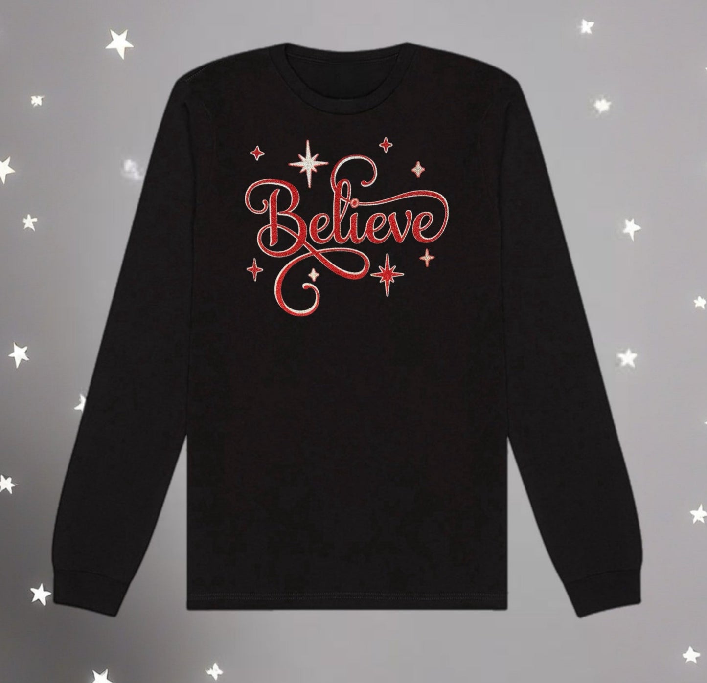 Inspirational Tee – Red & Silver Sparkle "Believe" Shirt