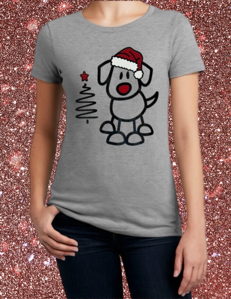 Women's Christmas Tee – Santa Pup and Festive Tree Art