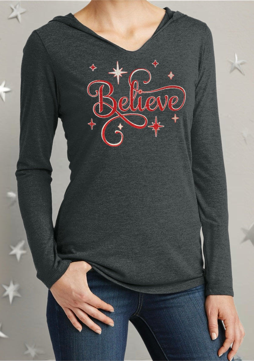 Inspirational Tee – Red & Silver Sparkle "Believe" Shirt