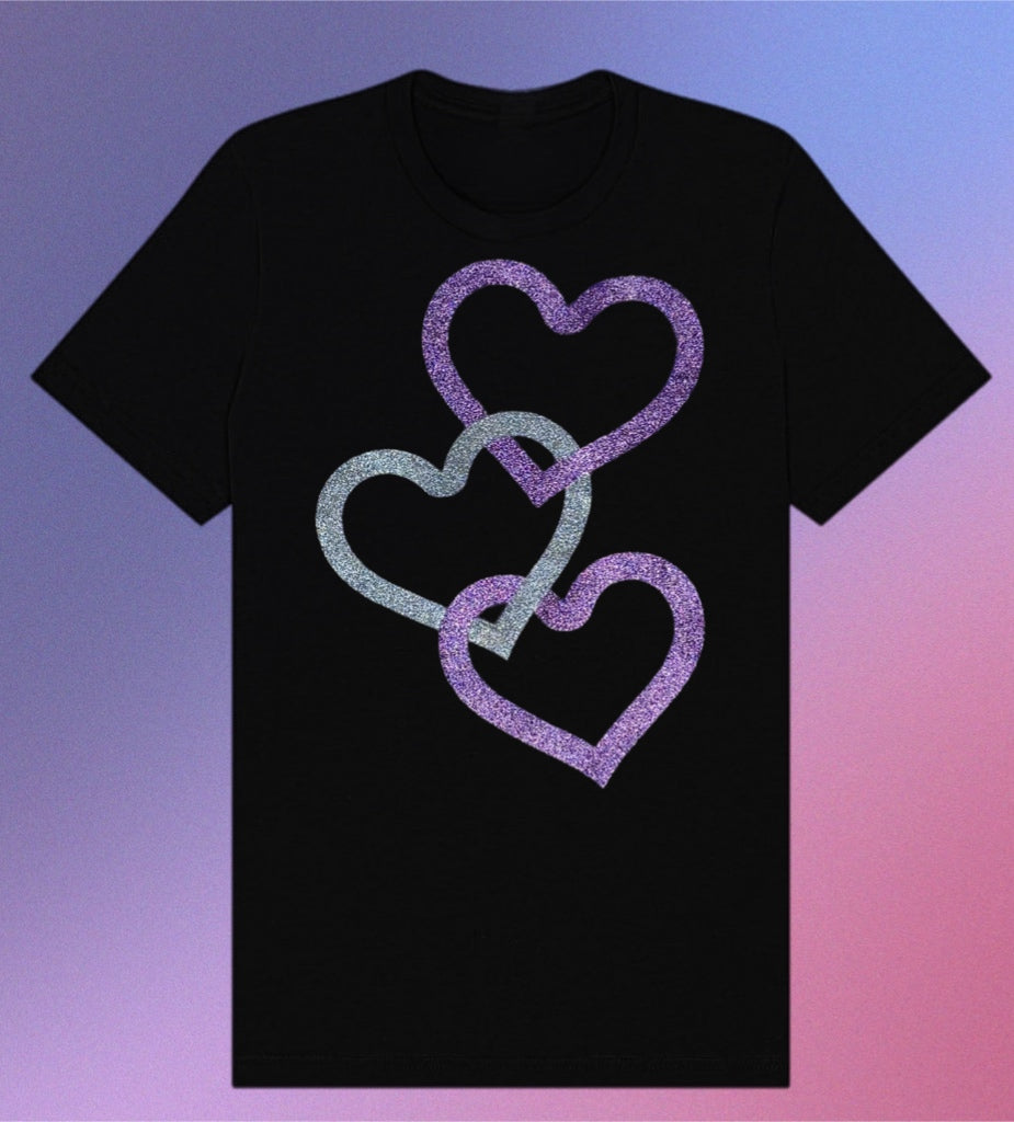 Sparkling Glitter Tee – Silver & Purple Floating Hearts