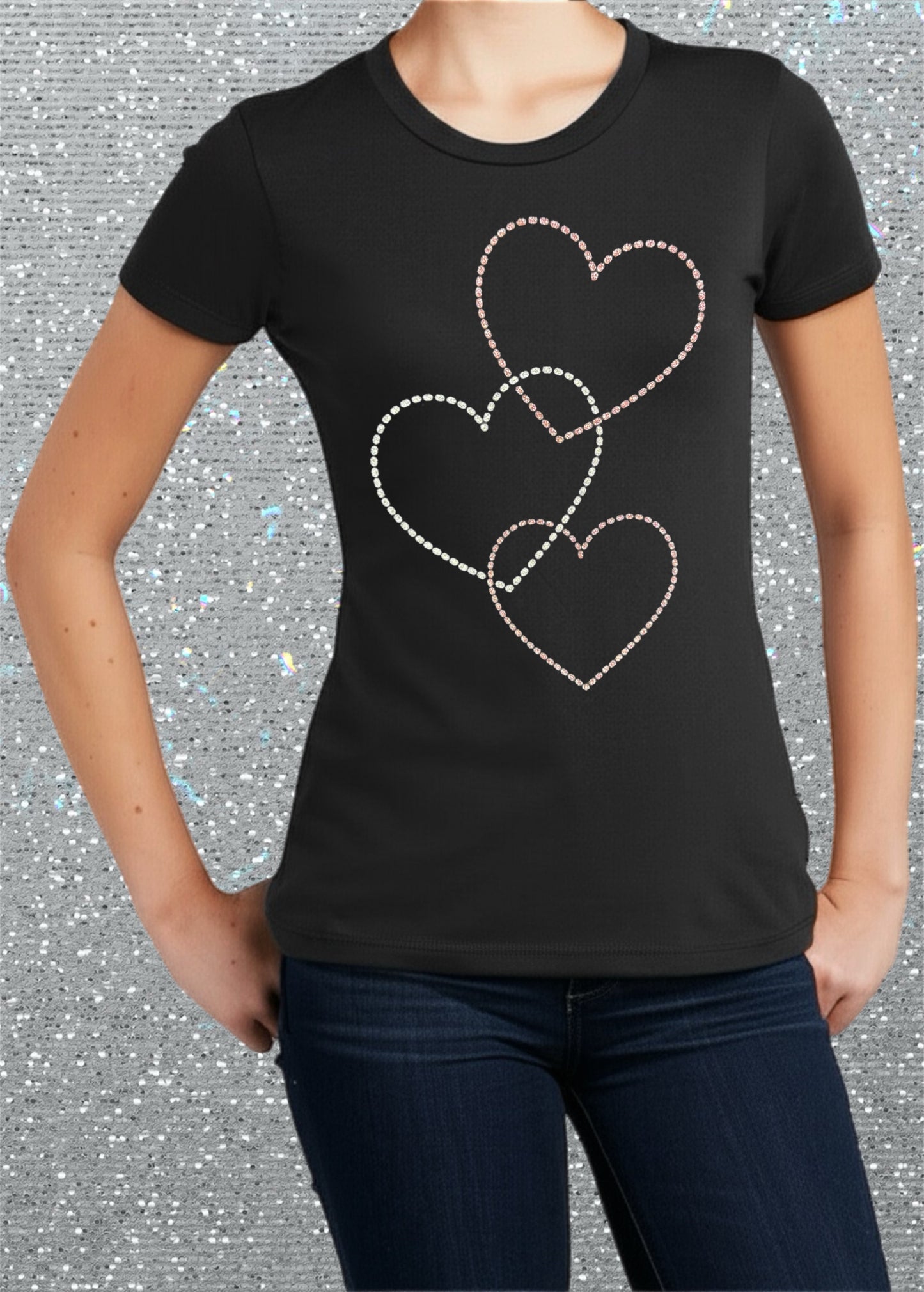Women's Fashion Tee – Sparkly Cascading Hearts