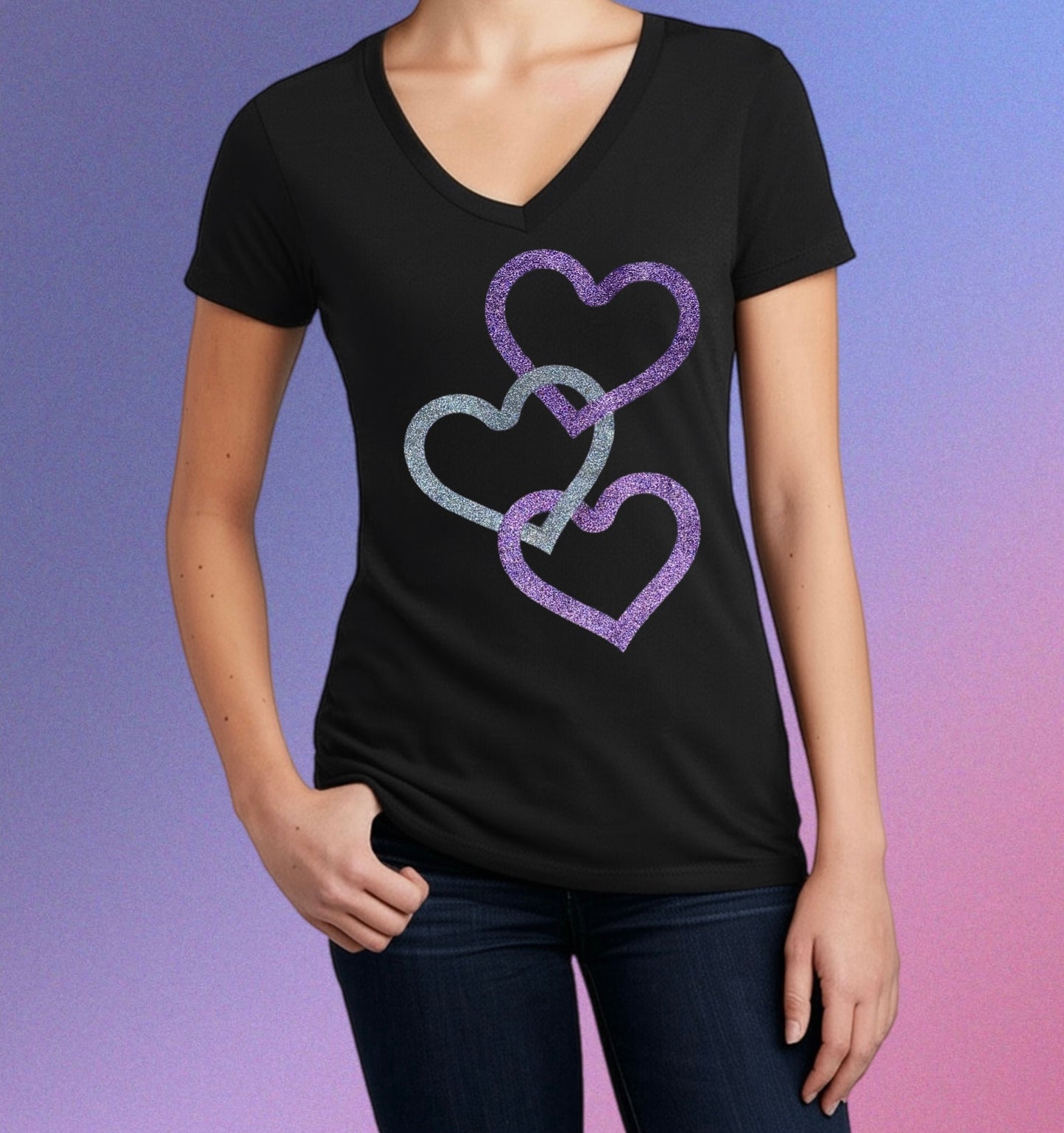 Sparkling Glitter Tee – Silver & Purple Floating Hearts