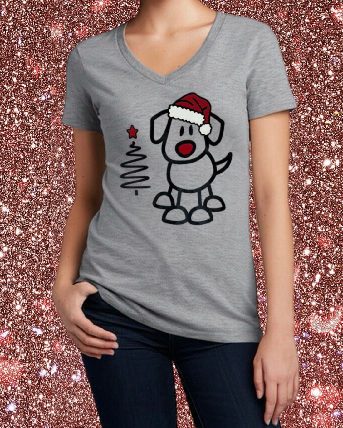 Women's Christmas Tee – Santa Pup and Festive Tree Art