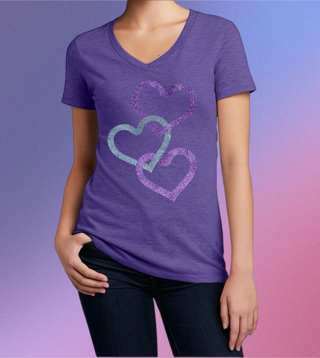 Sparkling Glitter Tee – Silver & Purple Floating Hearts