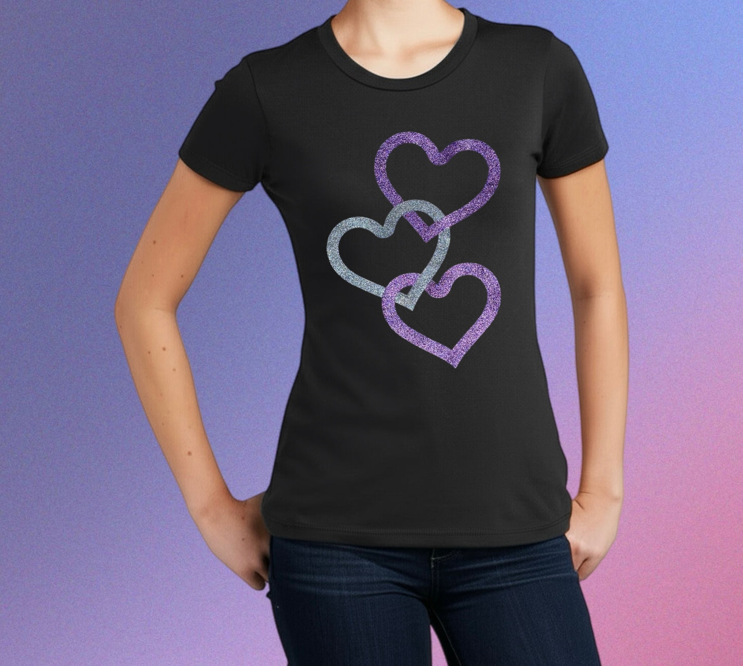 Sparkling Glitter Tee – Silver & Purple Floating Hearts