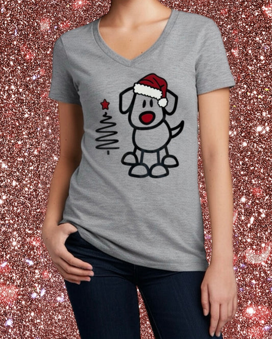 Women's Christmas Tee – Santa Pup and Festive Tree Art