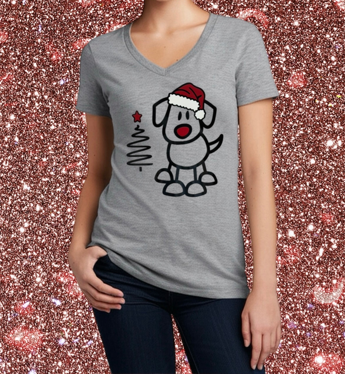 Women's Christmas Tee – Santa Pup and Festive Tree Art