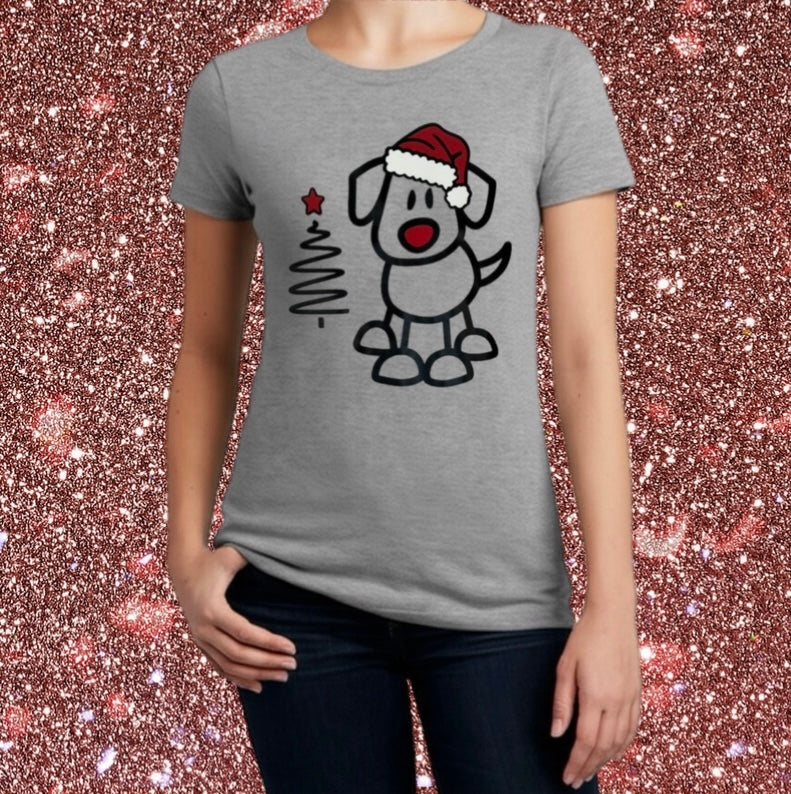 Women's Christmas Tee – Santa Pup and Festive Tree Art